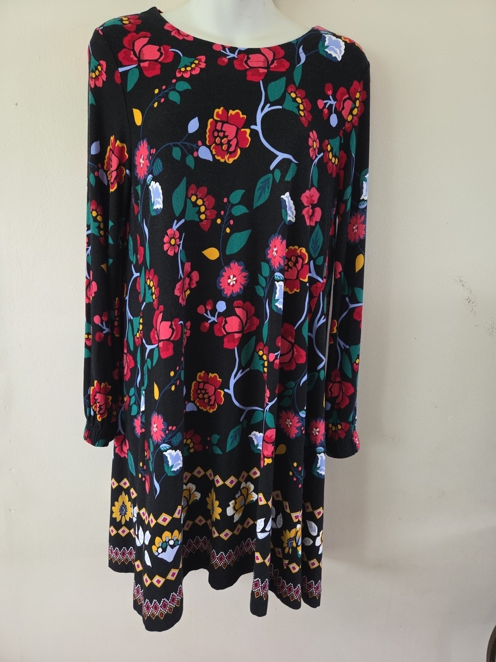 LOFT Black Long-Sleeve Floral Swing Dress Garden Stretch Sz Xs